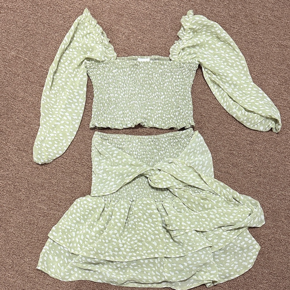 Oh Polly Green Polka Dot Off-Shoulder Top and Skirt Set